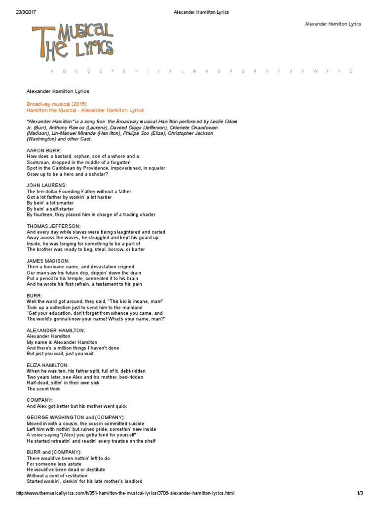 Download Alexander Hamilton Musical Lyrics Pictures