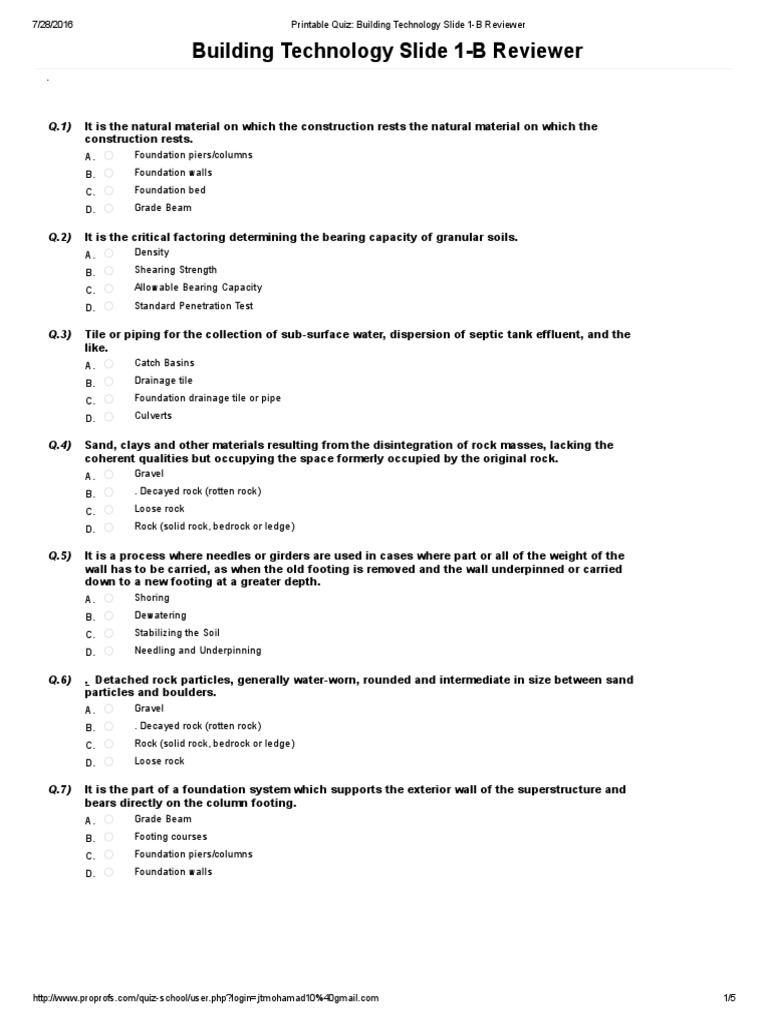 Building Technology Quiz Review | PDF | Drainage | Soil