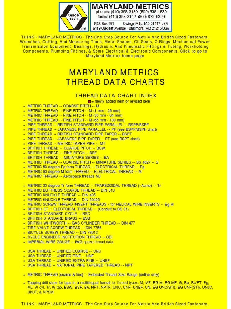 Maryland Metrics Thread Data Charts | PDF | Screw | Building Materials