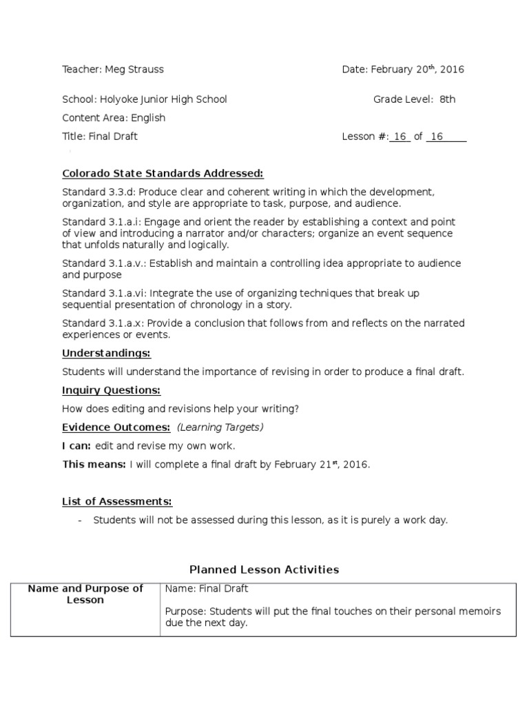 Colorado State Standards Addressed Planned Lesson Activities PDF