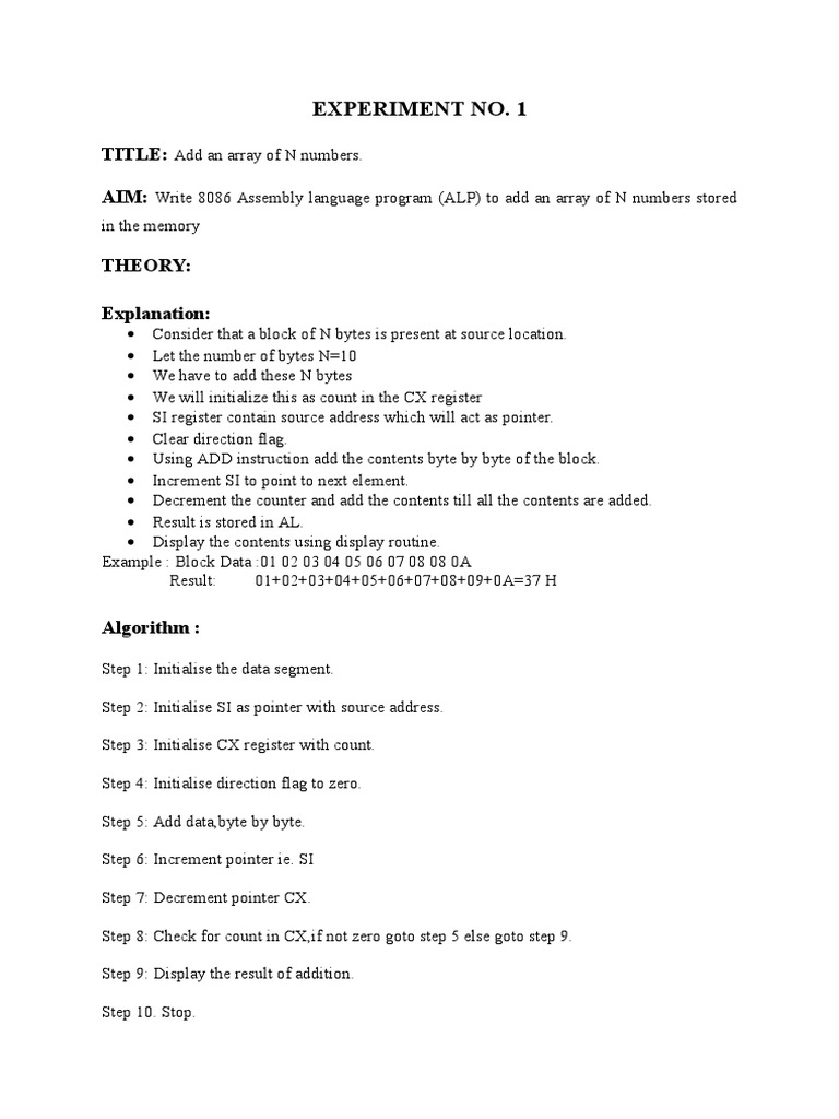 8086 Assembly Array Addition Program | PDF | Teaching Methods & Materials