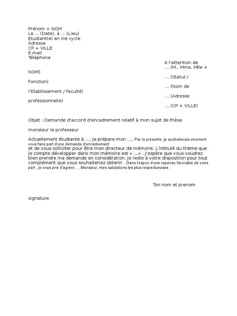 Lettre d'Encadrement