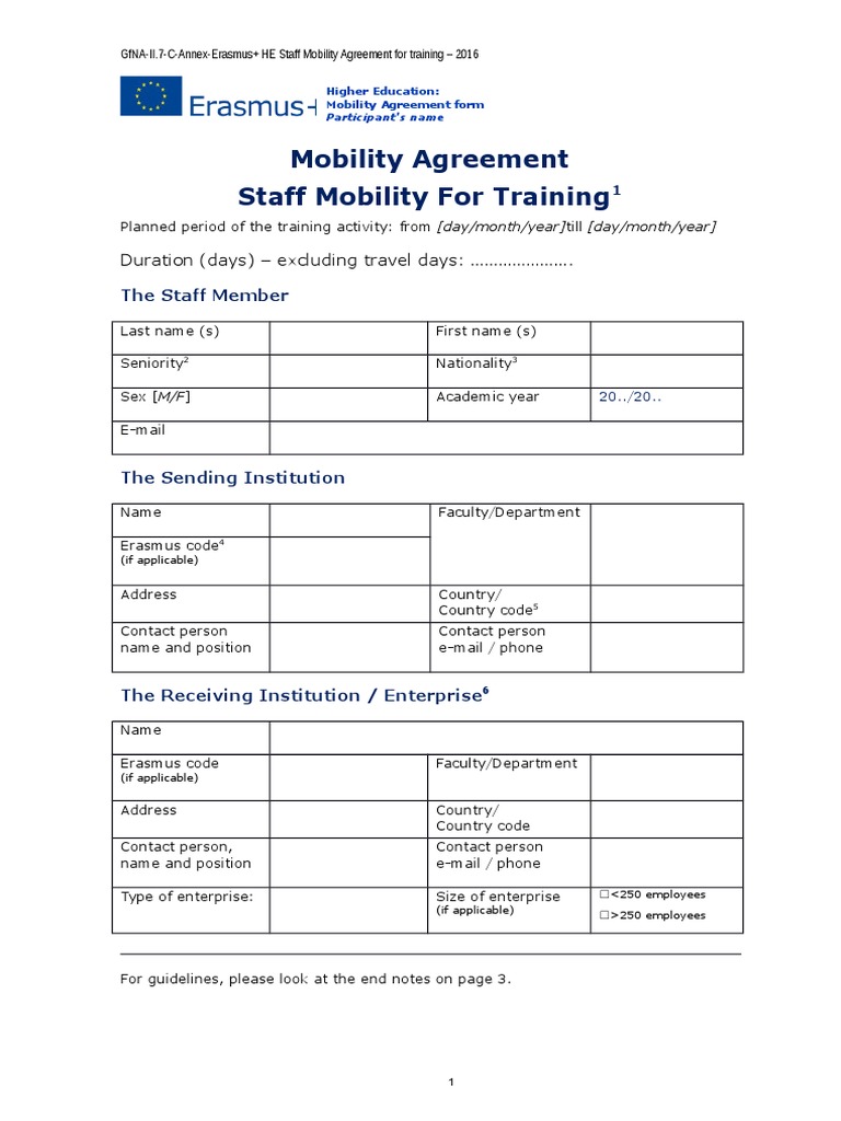 Erasmus+ Staff Mobility Agreement Form | PDF | Higher Education ...