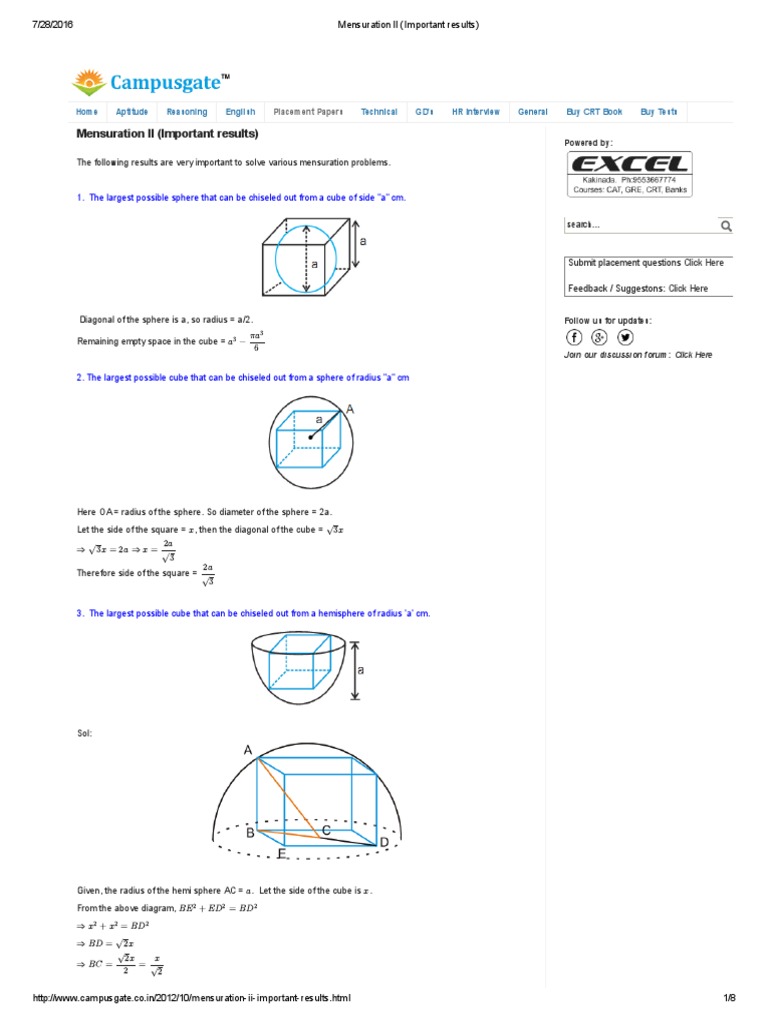 Mensuration II (Important Results) | PDF | Sphere | Triangle