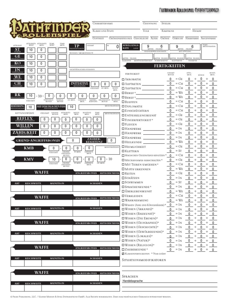 Pathfinder RPG Charakterbogen Formular Mit Automatischen Berechnungen 