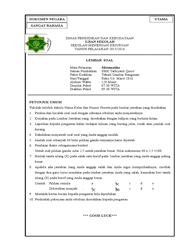 Soal Us Matematika Smk Tp 2015 2016 Doc