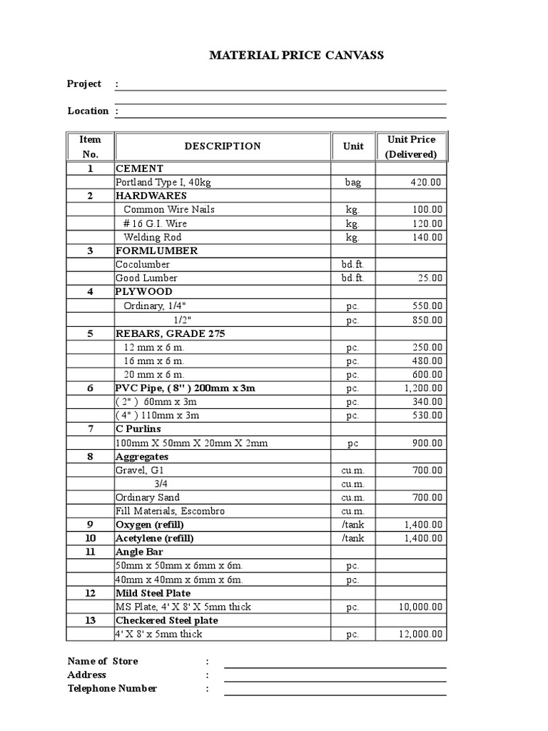 Material Price Canvass PDF Mechanical Engineering Steel