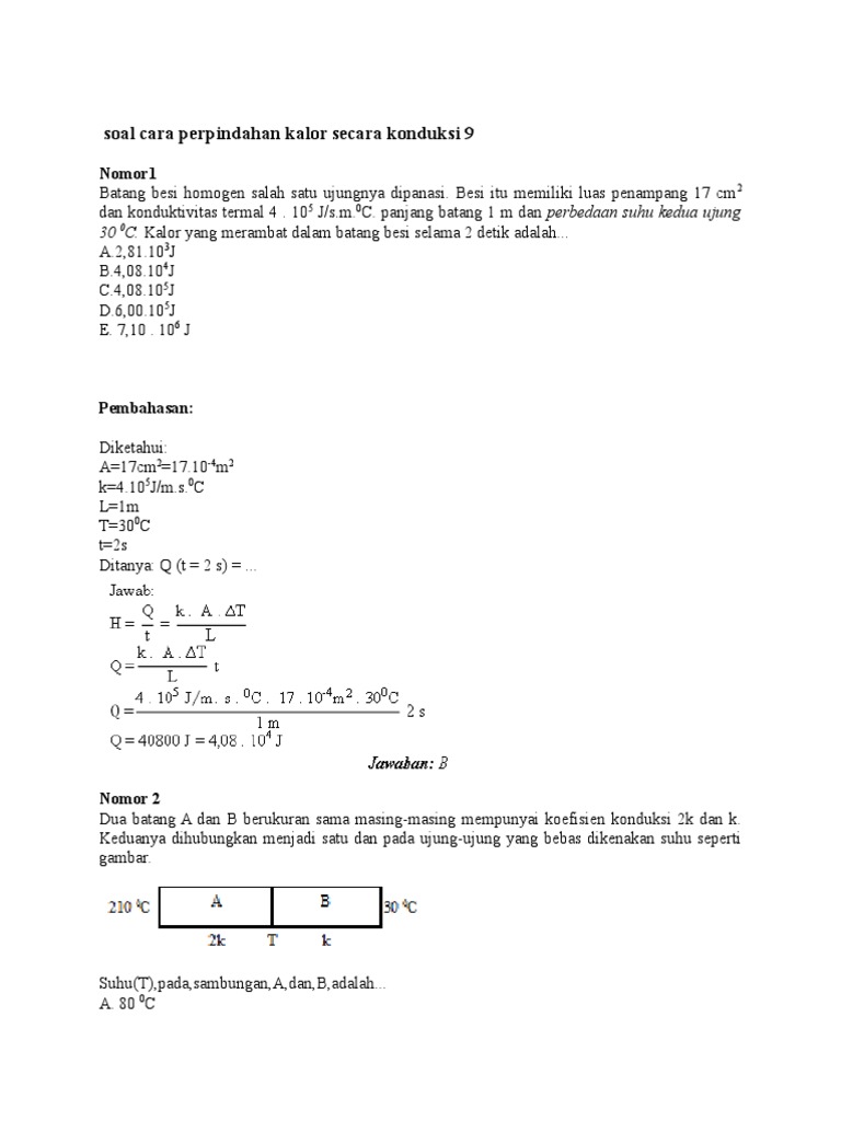 Contoh Soal Perpindahan Kalor Secara Konduksi - Kunci Soal