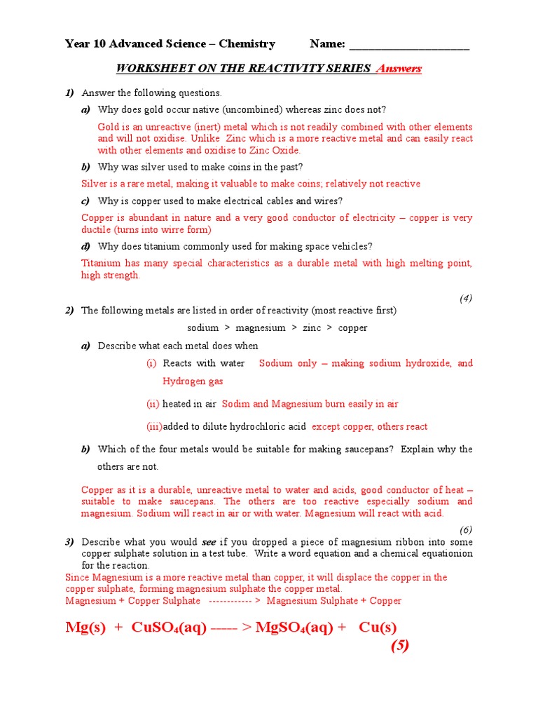 Metal Reactivity Ws2016ans Metals Magnesium