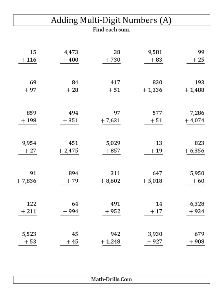 Adding Multi-Digit Numbers Practice | PDF