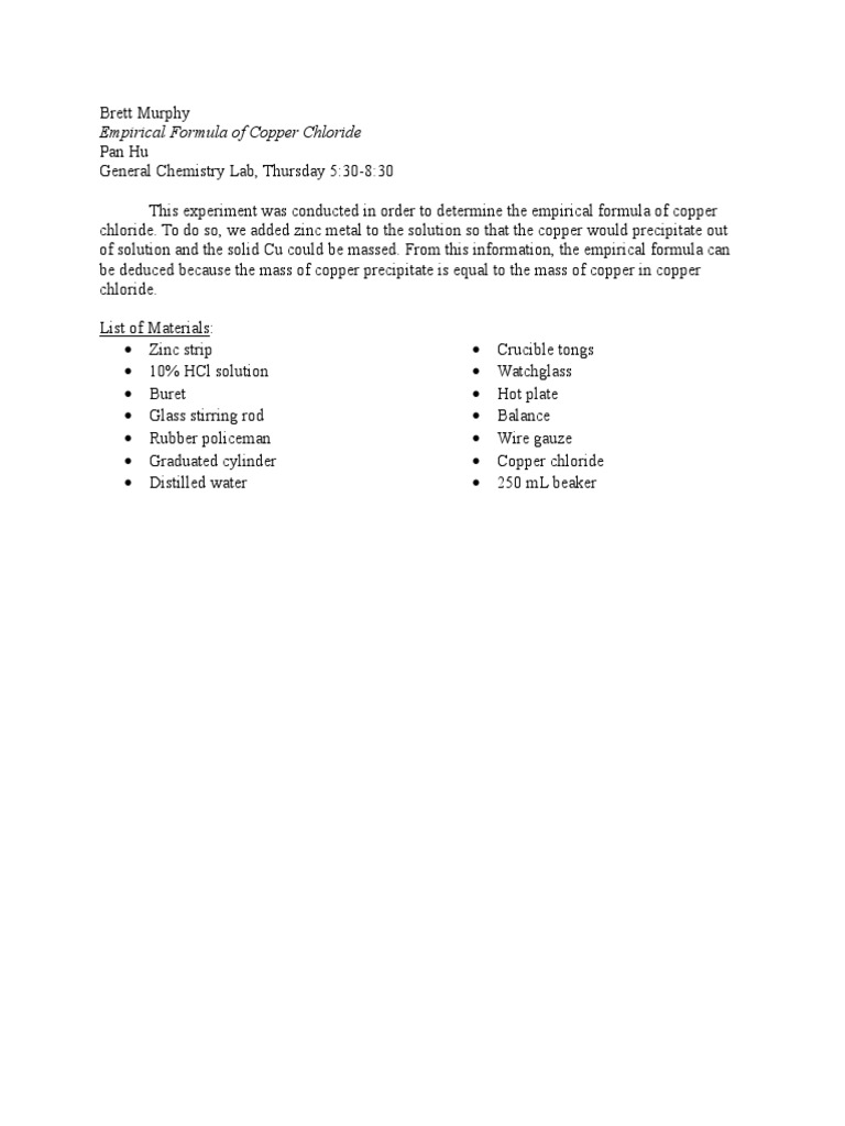 Determining The Empirical Formula of Copper Chloride PostLab PDF