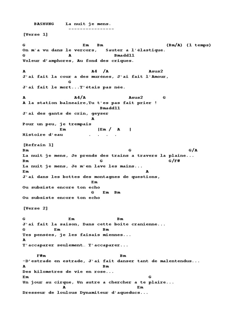 Bashung La Nuit Je Mens Chords