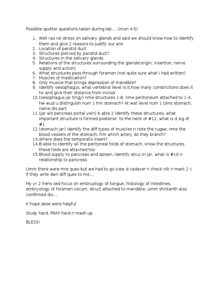 Possible Spotter Questions Taken During Lab | PDF | Stomach | Pancreas