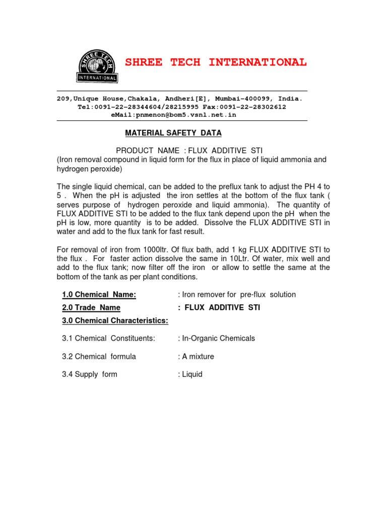 Flux Additive STI Safety Data Sheet | PDF | Ph | Solubility