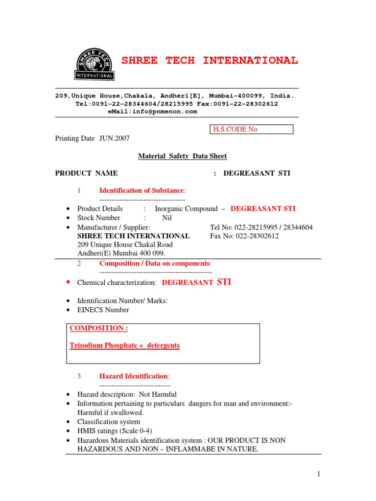 Msds Degreaser Qatar Galv PDF Dangerous Goods Toxicity