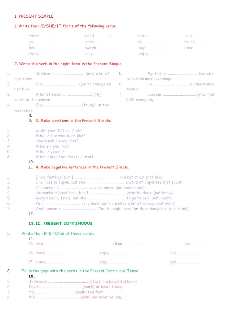 Present Simple Vs Present Continuous Test Pdf Ellipsis Verb