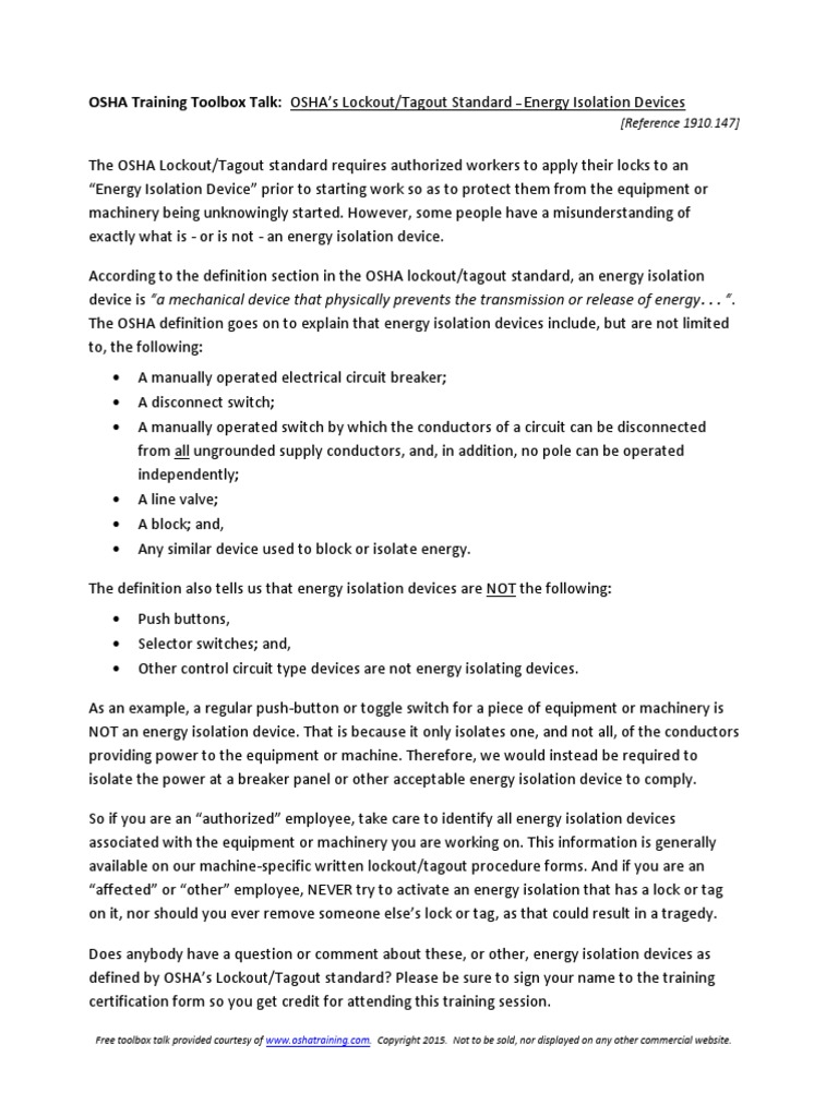 OSHA Training Toolbox Talk - Lockout-Tagout Energy Isolation Devices ...