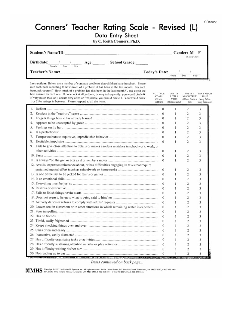 Free Printable Conners Rating Scale For Teachers