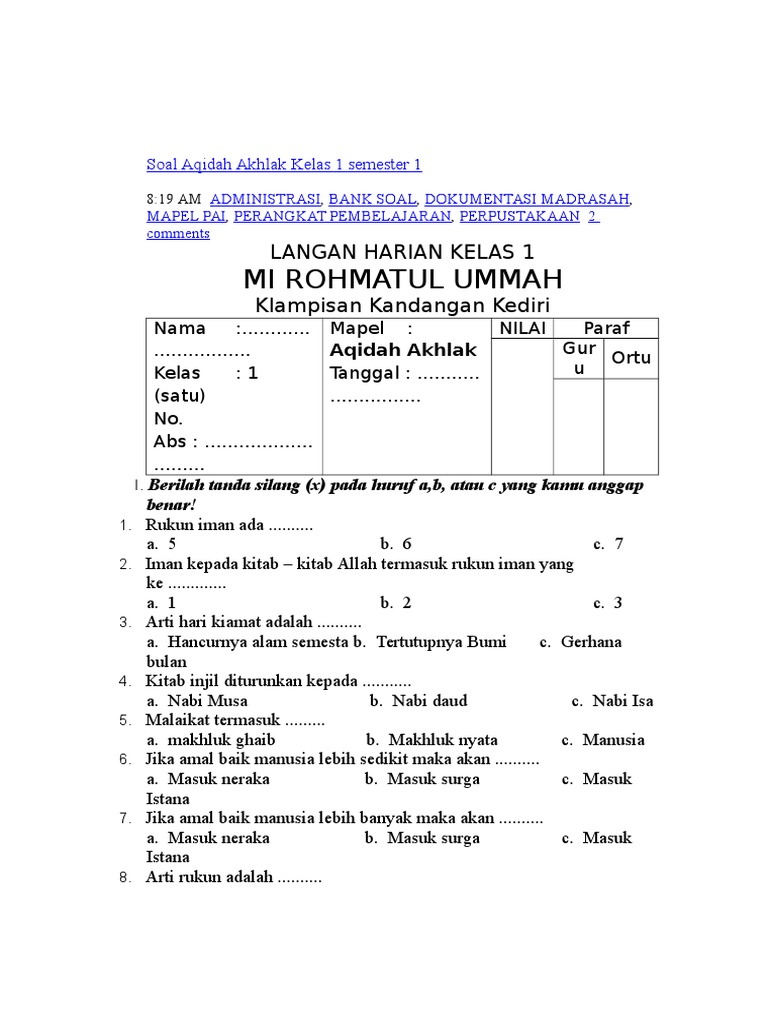 Soal Aqidah Akhlak Kelas 1 Semester 1