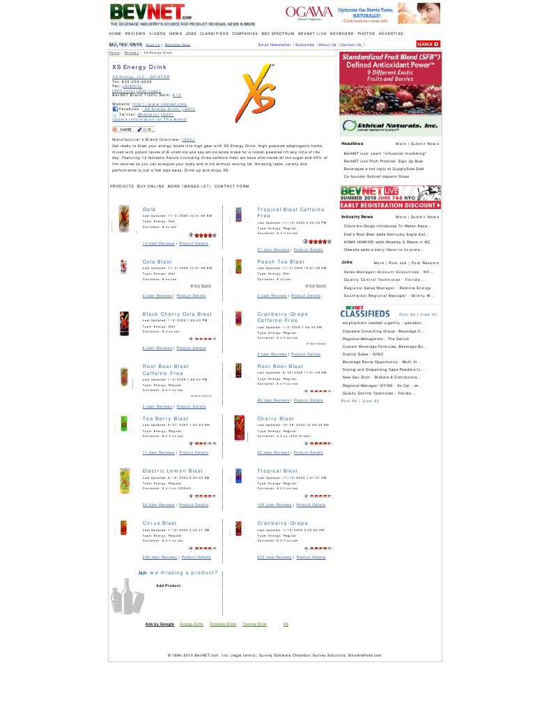 XS Energy Drink BevNET Rating (May 2010) | Drink | Non ...