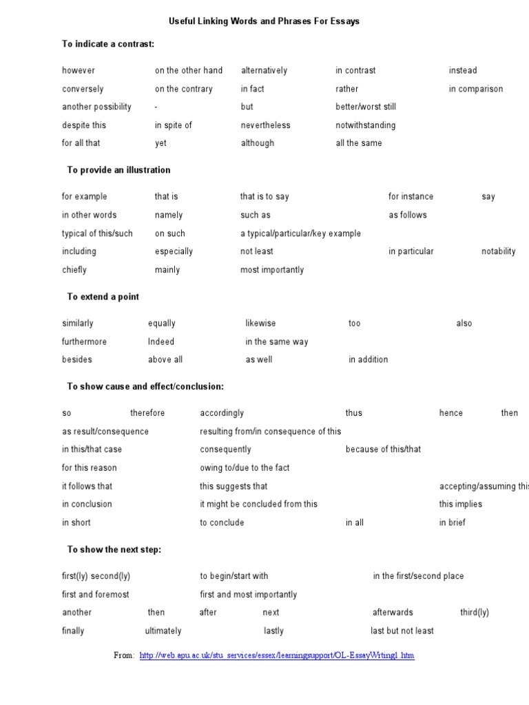 Useful Linking Words and Phrases For Essays PDF | PDF