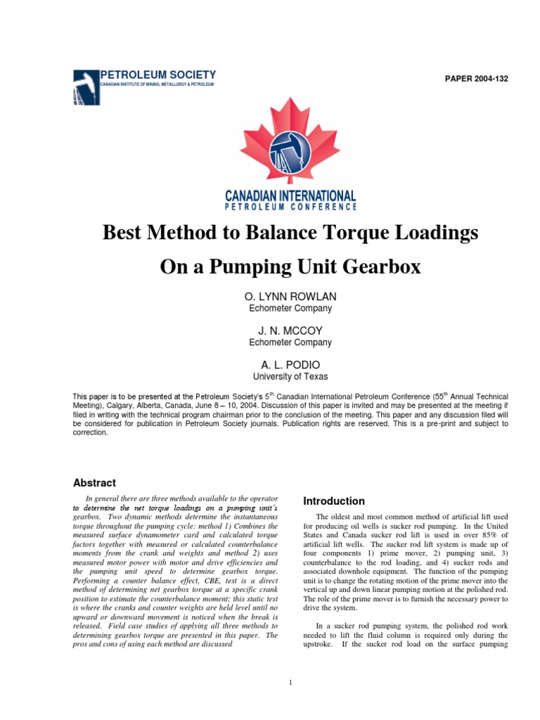Best Method To Balance Torque Loadings On A Pumping Unit Gearbox PDF ...