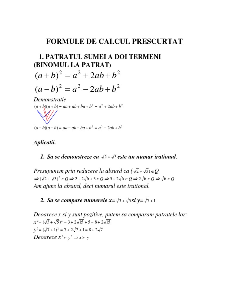 Formules de calcul prescurtat en mathématiques | PDF