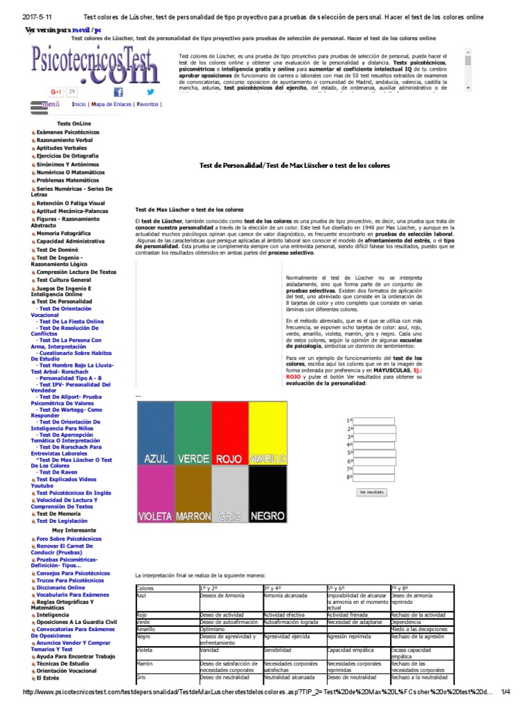 Test Colores de Lüscher, Test de Personalidad de Tipo Proyectivo para ...