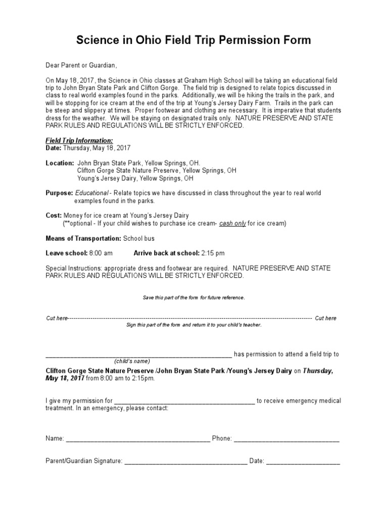 Science in Ohio Field Trip Permission Form | PDF