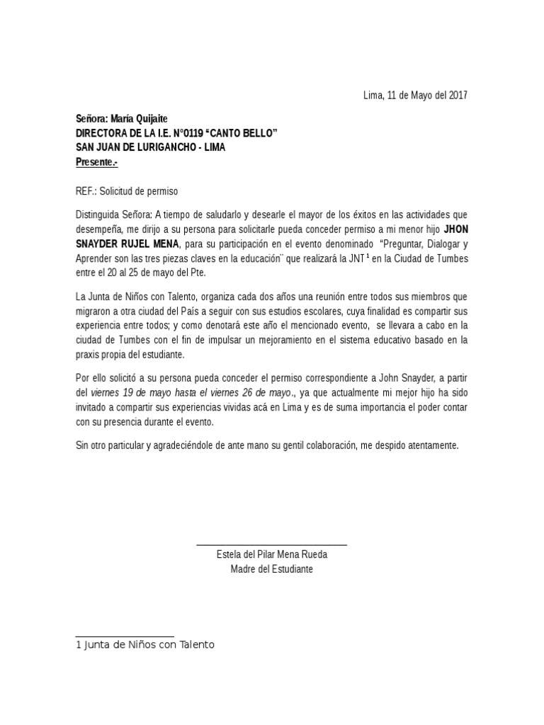 Carta De Solicitud De Permiso Para Faltar A Clases - s 