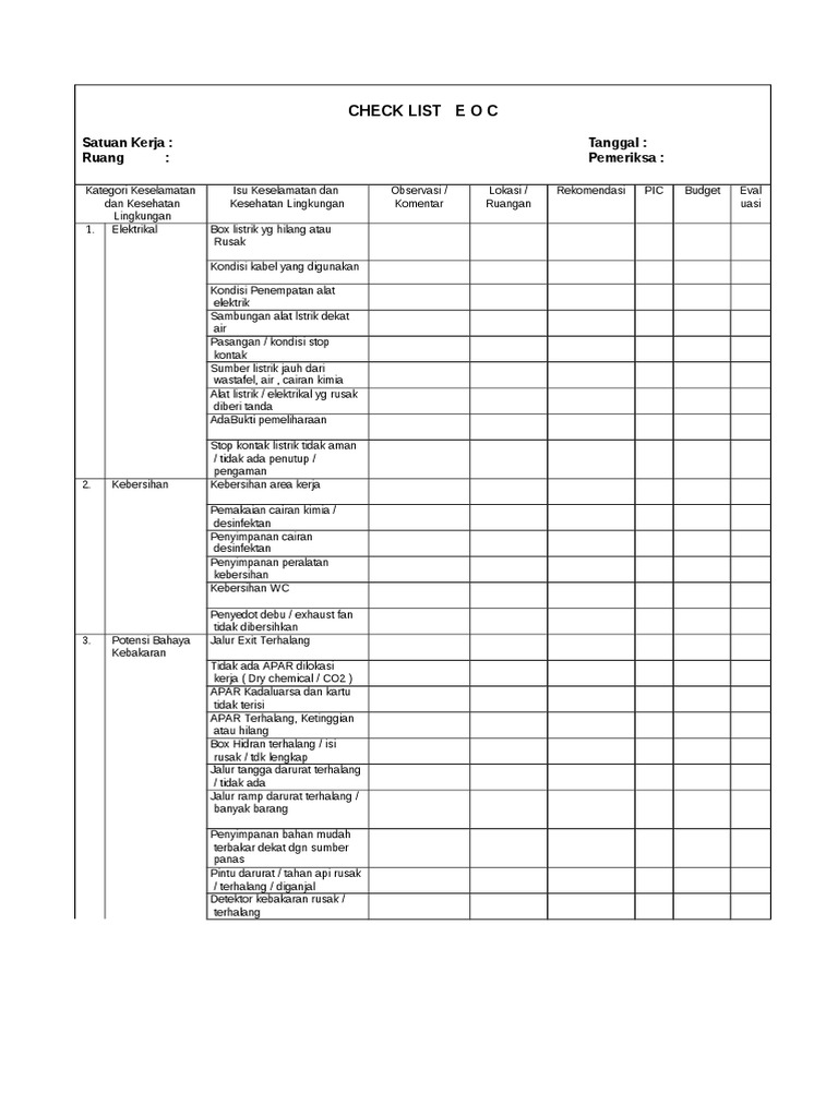 Checklist Keselamatan Kerja EOC | PDF