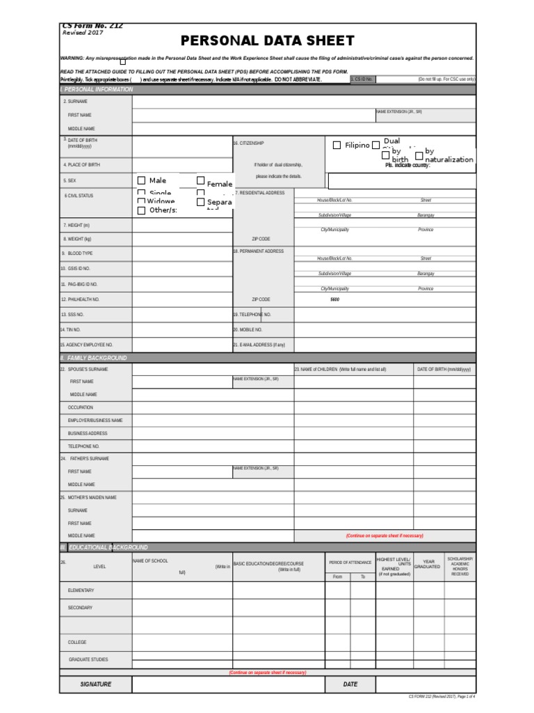 Personal Data Sheet Cs Form No. 212 Revised 2017