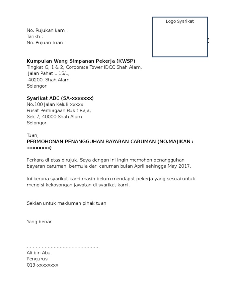 Contoh Surat Pemakluman Kwsp