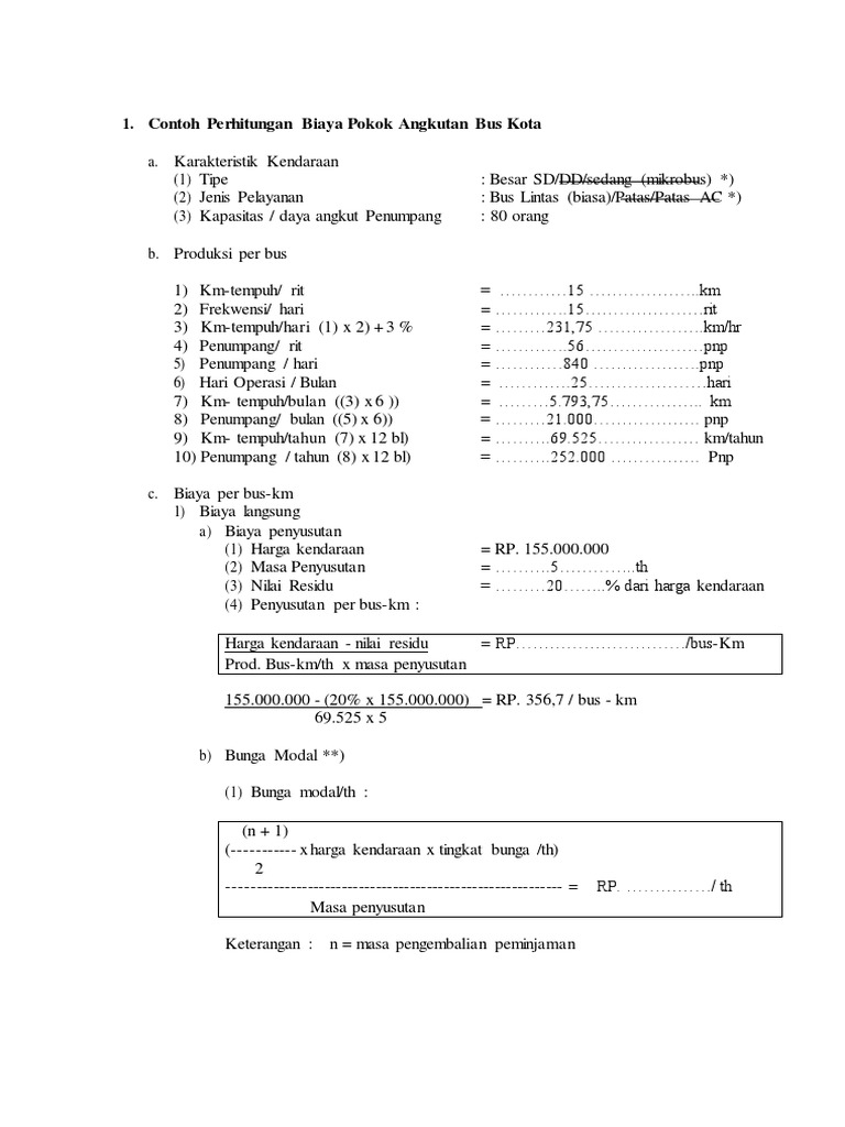 Contoh Perhitungan Biaya Pokok Angkutan Bus Kota PDF