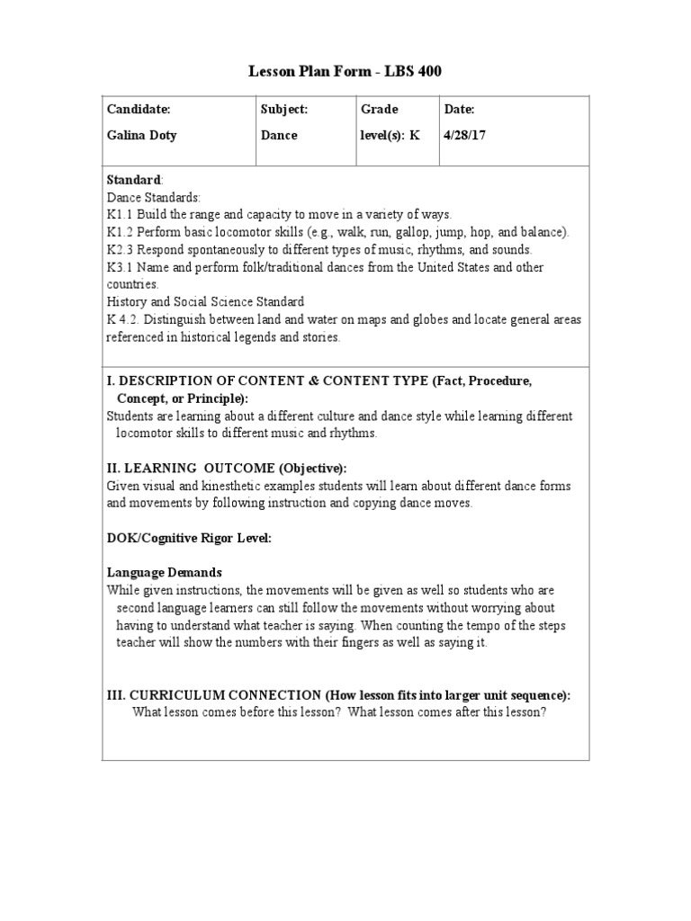 Dance Lesson Plan PDF Dances Lesson Plan