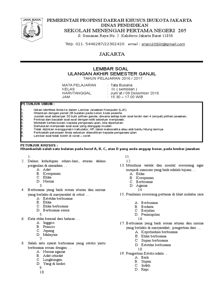 Contoh Soal Tata Busana Kelas 9 Siswa Populer