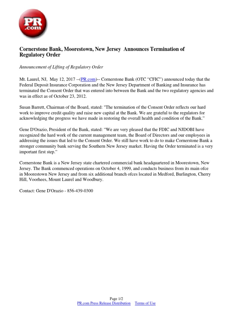 Cornerstone Bank, Moorestown, New Jersey Announces Termination of