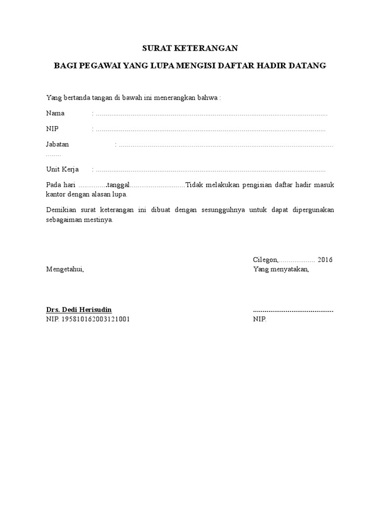 Surat Keterangan Lupa Absen Erin