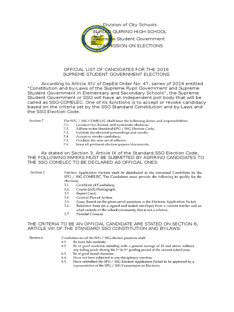 List of Certified Candidates for SSG Election 2016 Elections