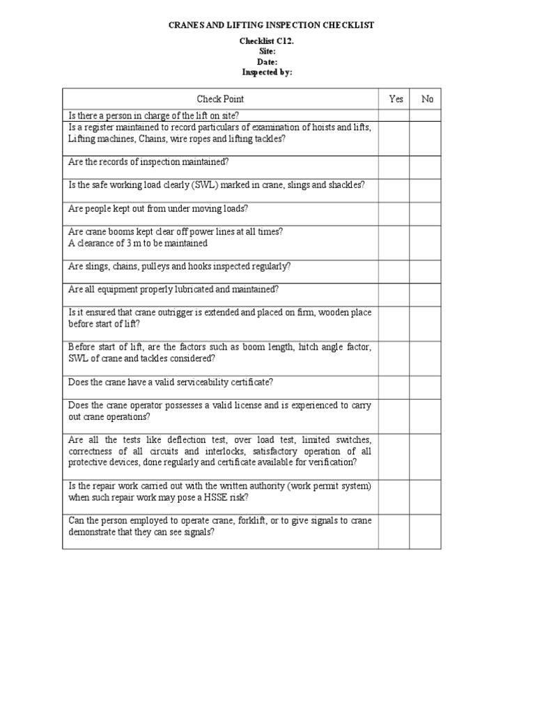 Cranes and Lifting Inspection Checklist