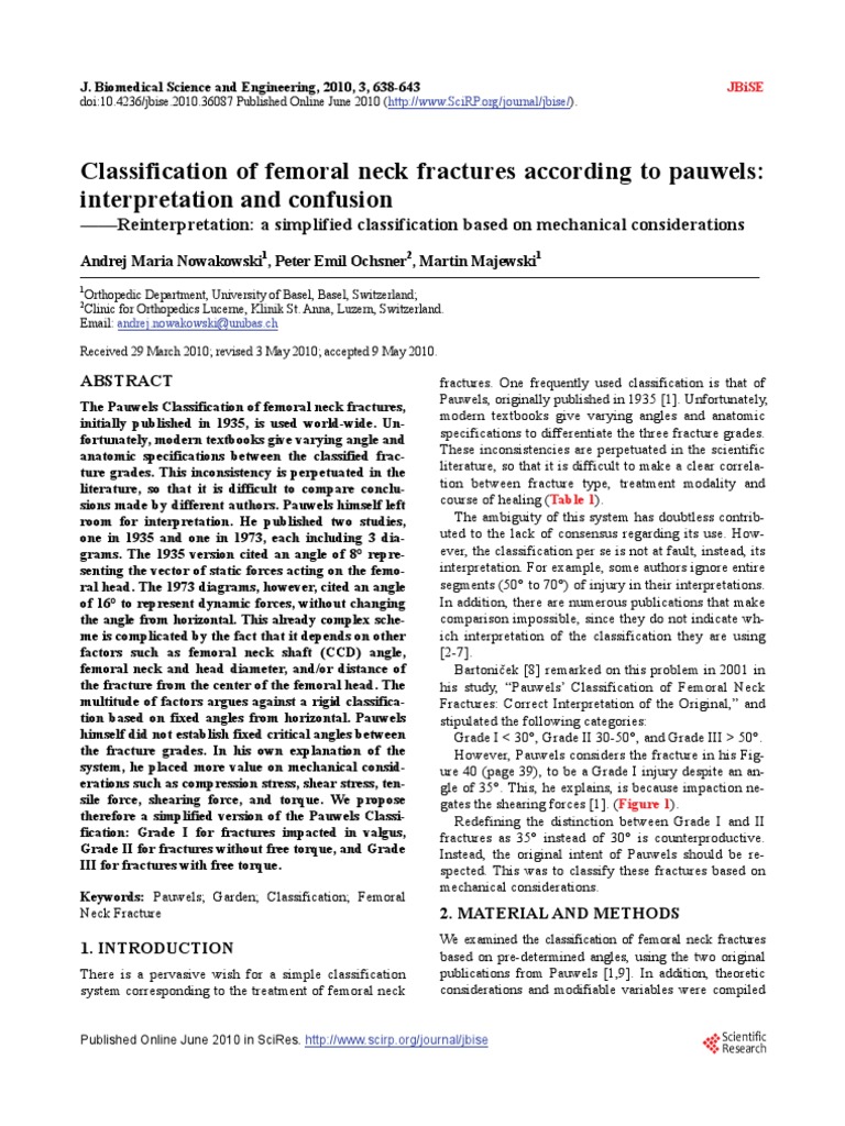 Classification of femoral neck fractures according to pauwels
