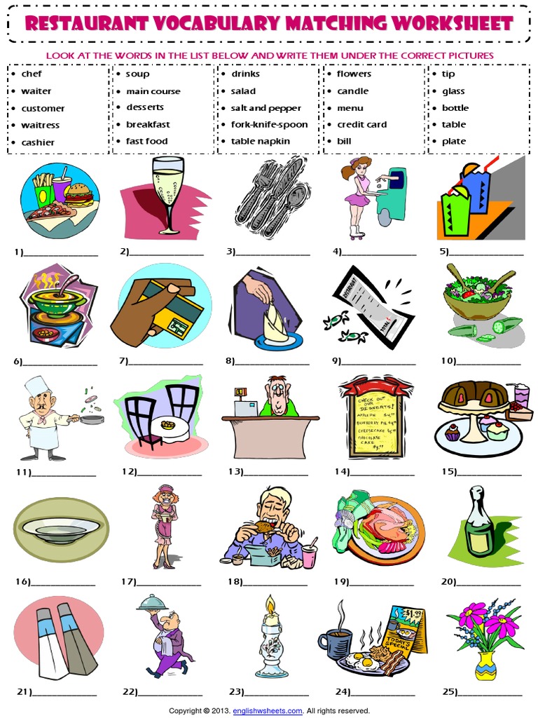 at the restaurant vocabulary matching exercise worksheet pdf waiting staff gratuity