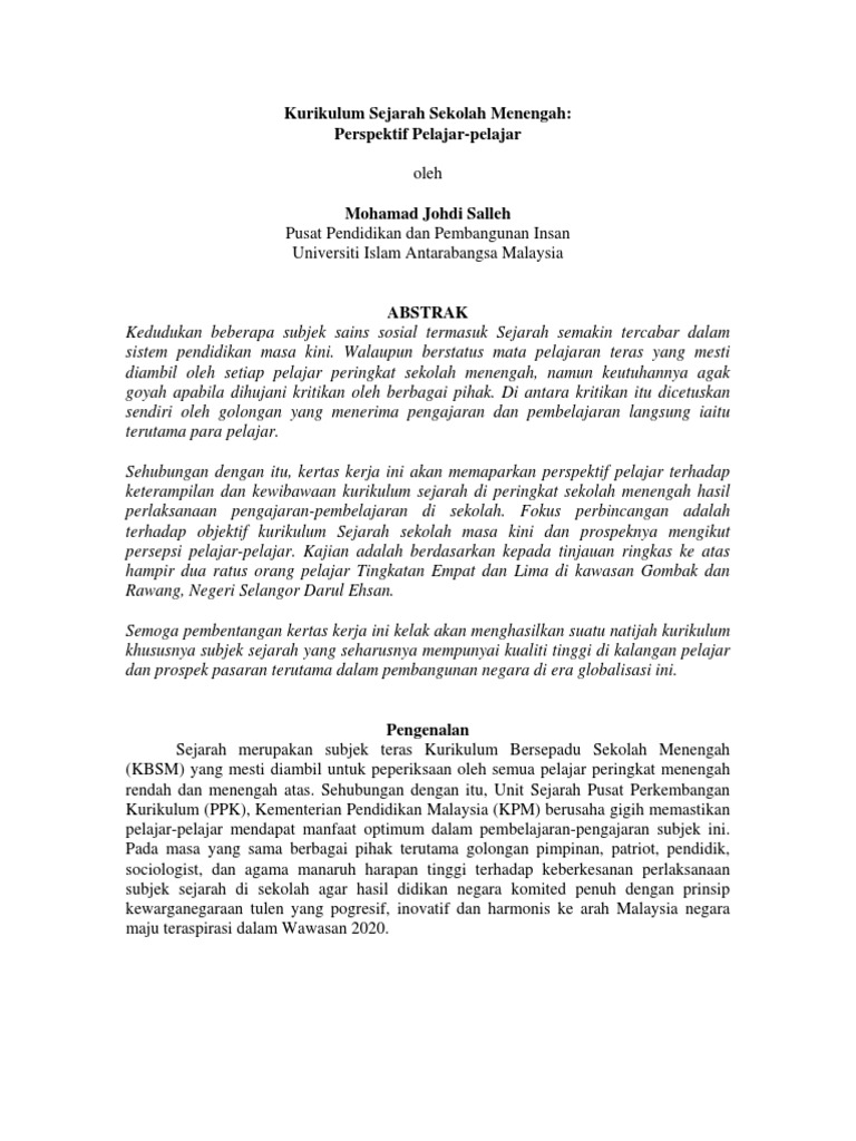 Kurikulum Sejarah Sekolah Menengah Pdf