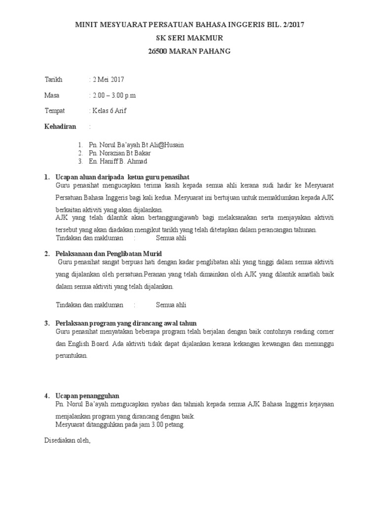 Minit Mesyuarat Persatuan Bahasa Inggeris Kali Kedua 2017 Pdf