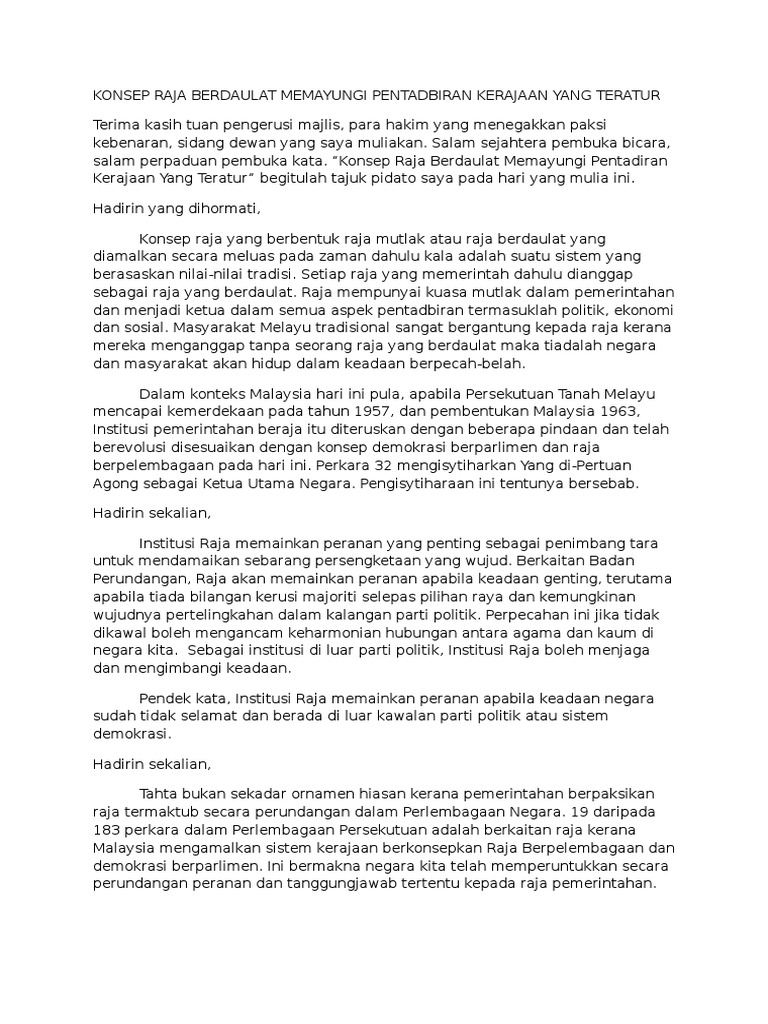 Konsep Raja Berdaulat Memayungi Pentadbiran Kerajaan Yang 