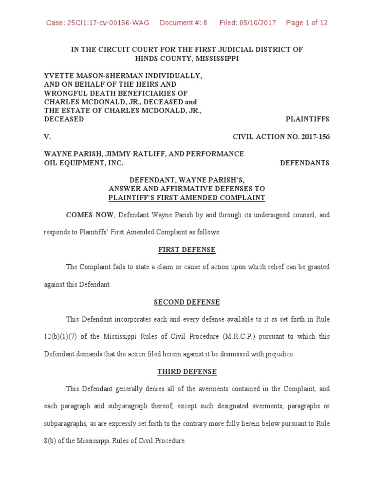 Mississippi Rules Of Civil Procedure >> Parish Civil File 2 Complaint Negligence Mississippi Rules Of Civil Procedure >> Parish Civil File 2 Complaint Negligence