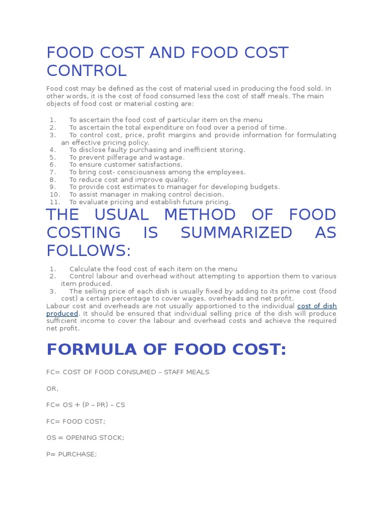 Food Cost Control PDF Profit (Accounting) Prices