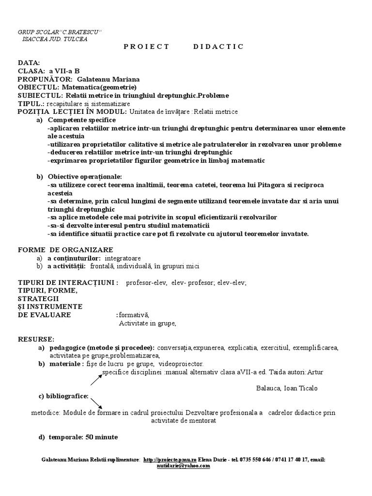 STRUCTURA Proiect Didactic | PDF