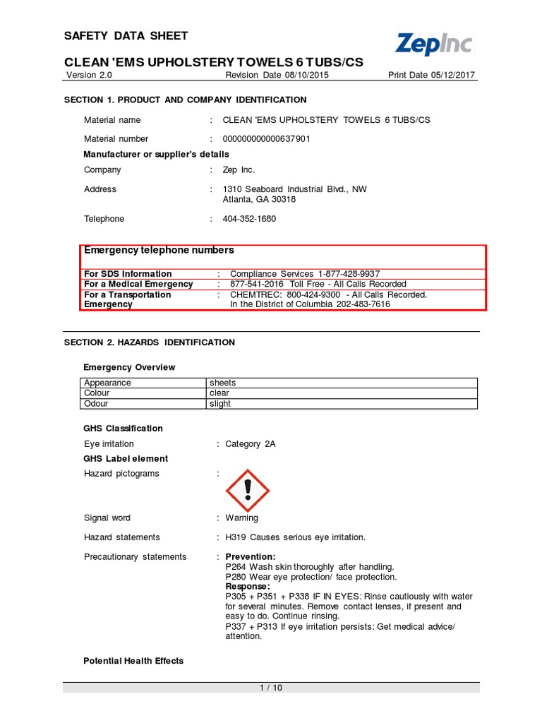 Zep Towels Ms Ds Dangerous Goods Toxicity