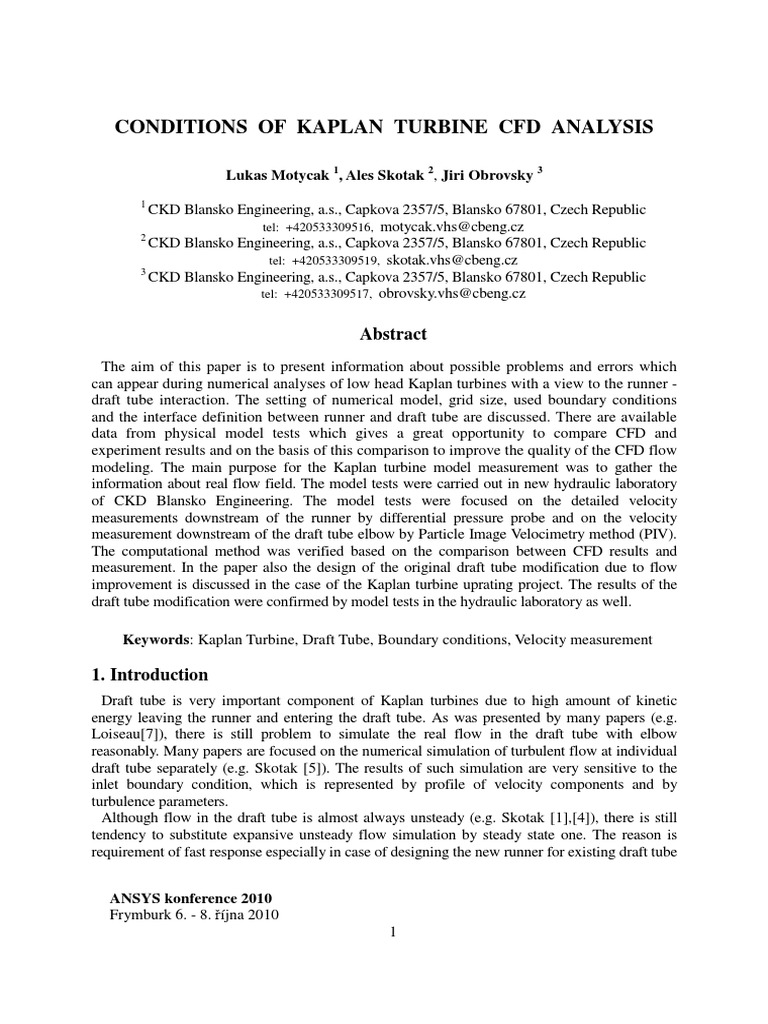 Obrovsky Conditions of Kaplan Turbine CFD Analysis PDF | PDF